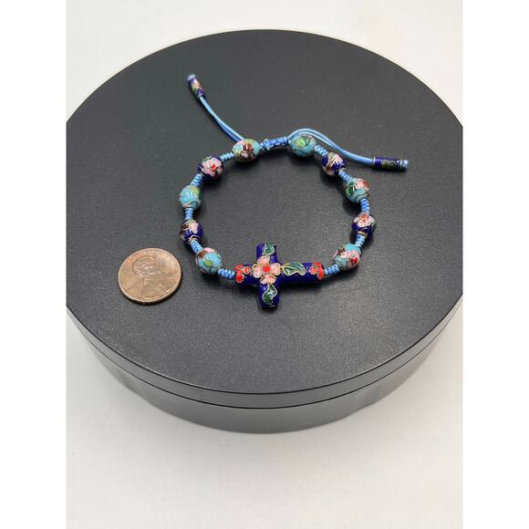 Handmade Cloisonne Blue Flower Beaded Bolo Adjustable Cross Bracelet - Picture 2 of 6